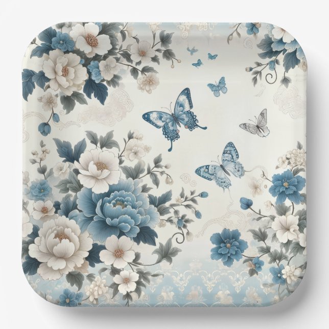 Chinoiserie Flowers and Butterflies Paper Plate (Front)