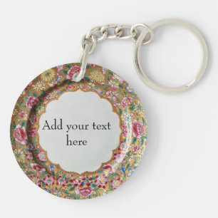 Chinoiserie Flowers Gold Ceramic Style Personalise Key Ring