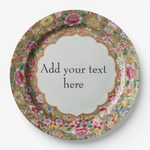 Chinoiserie Flowers Gold Ceramic Style Personalise Paper Plate