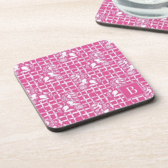 Chinoiserie Foo Dog - Hot Pink Bamboo Lattice  Coaster (Left Side)