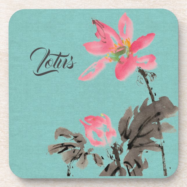 Chinoiserie Freehand Watercolor Floral Lotus Green Coaster (Front)