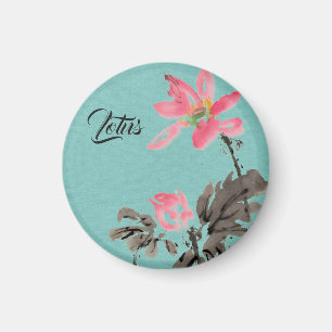 Chinoiserie Freehand Watercolor Floral Lotus Green Magnet