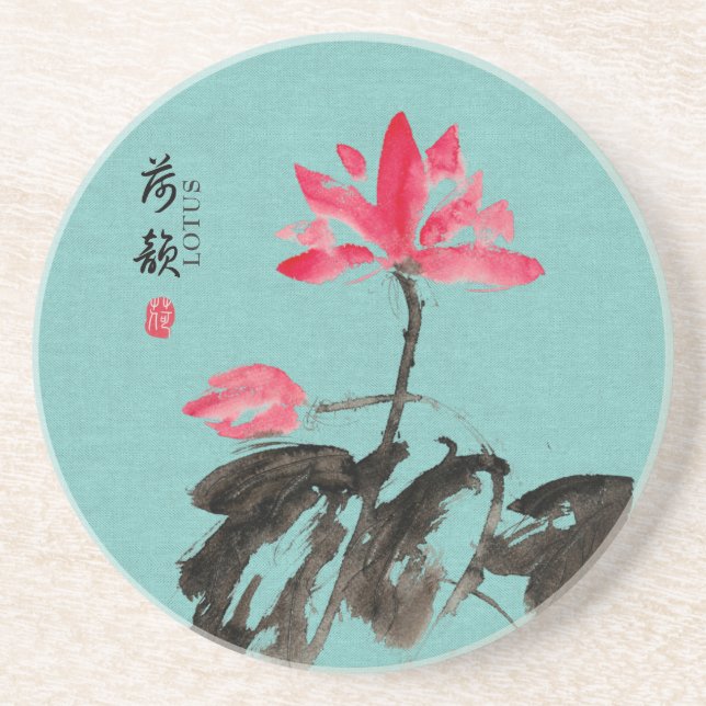 Chinoiserie Freehand Watercolor Lotus Flowers Coaster (Front)