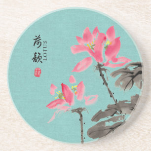 Chinoiserie Freehand Watercolor Lotus Flowers Coaster