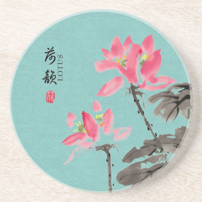 Chinoiserie Freehand Watercolor Lotus Flowers Coaster (Front)