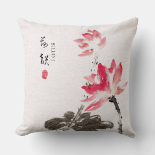 Chinoiserie Freehand Watercolor Lotus Flowers Cushion