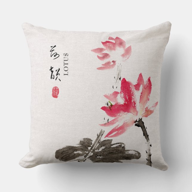 Chinoiserie Freehand Watercolor Lotus Flowers  Cushion (Front)