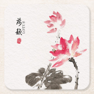 Chinoiserie Freehand Watercolor Lotus Flowers  Square Paper Coaster