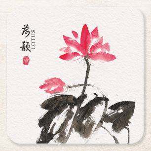 Chinoiserie Freehand Watercolor Lotus Flowers Square Paper Coaster