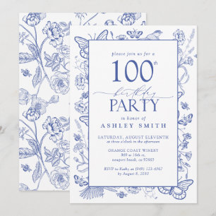 Chinoiserie French Blue 100th Birthday Party Invitation