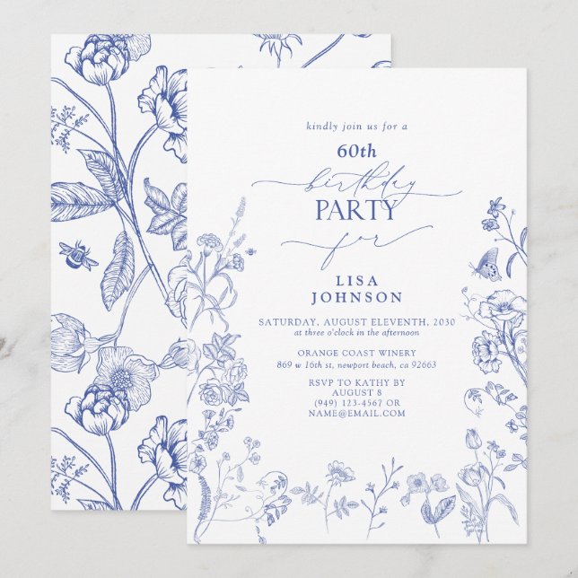 Chinoiserie French Blue Floral 60th Birthday Invitation (Front/Back)