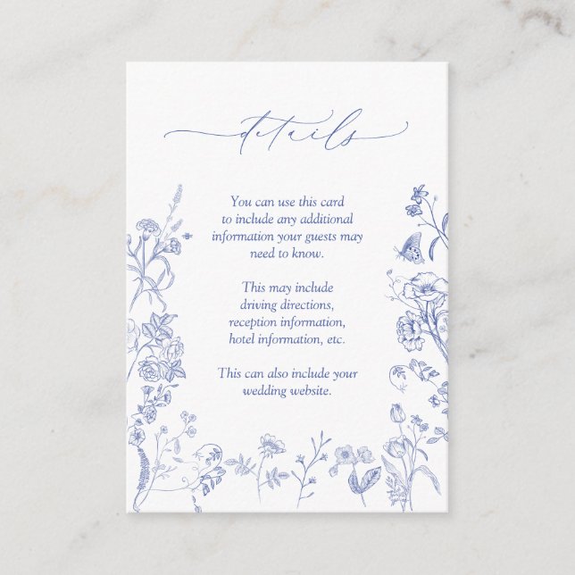 Chinoiserie French Blue Floral Wedding Details Enclosure Card (Front)