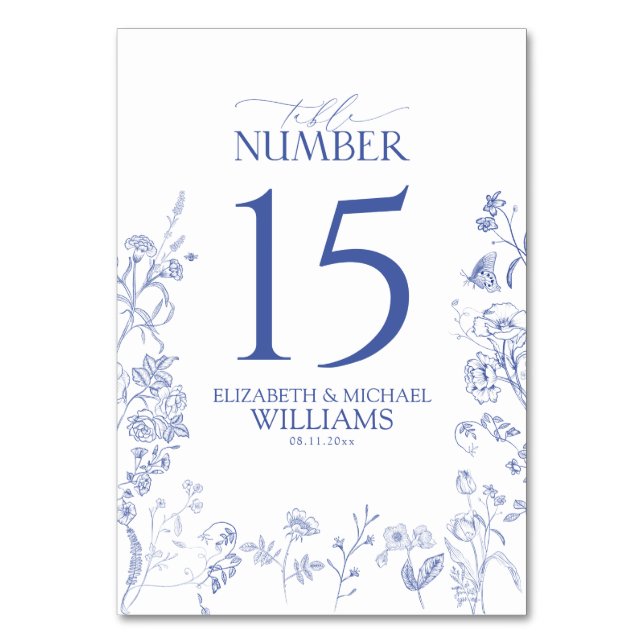 Chinoiserie French Blue Victorian Floral Reception Table Number (Front)