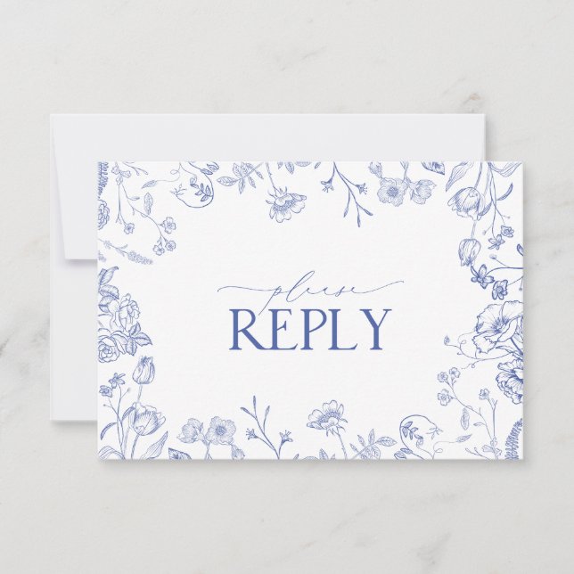 Chinoiserie French Blue Victorian Floral RSVP Card (Front)