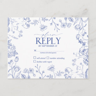 Chinoiserie French Blue Victorian Floral RSVP Invitation Postcard