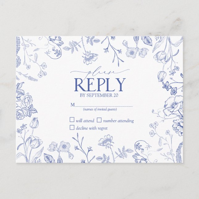 Chinoiserie French Blue Victorian Floral RSVP  Invitation Postcard (Front)