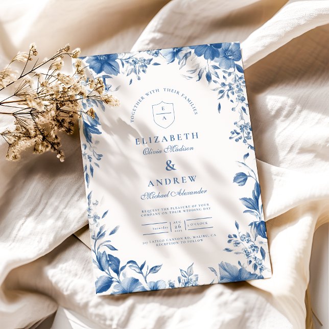 Chinoiserie French Blue Victorian Floral Wedding Invitation (Creator Uploaded)