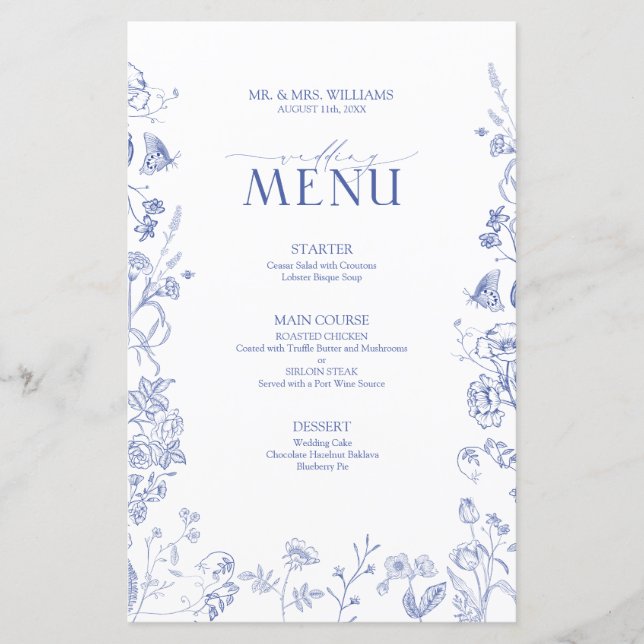Chinoiserie French Blue Victorian Wedding Menu (Front)