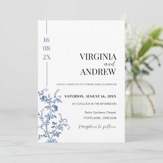Chinoiserie French Vintage Blue Victorian Wedding Invitation (Standing Front)
