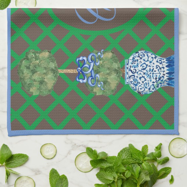 Chinoiserie Garden Topiary Ginger Jar Jars Placema Tea Towel (Folded)