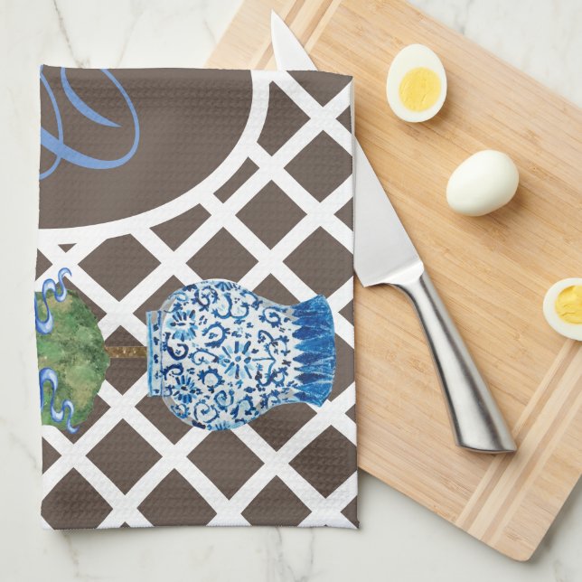 Chinoiserie Garden Topiary Ginger Jar Jars Tea Towel (Quarter Fold)