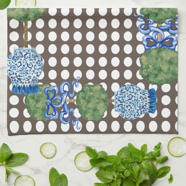 Chinoiserie Garden Topiary Ginger Jar Jars  Tea Towel (Folded)