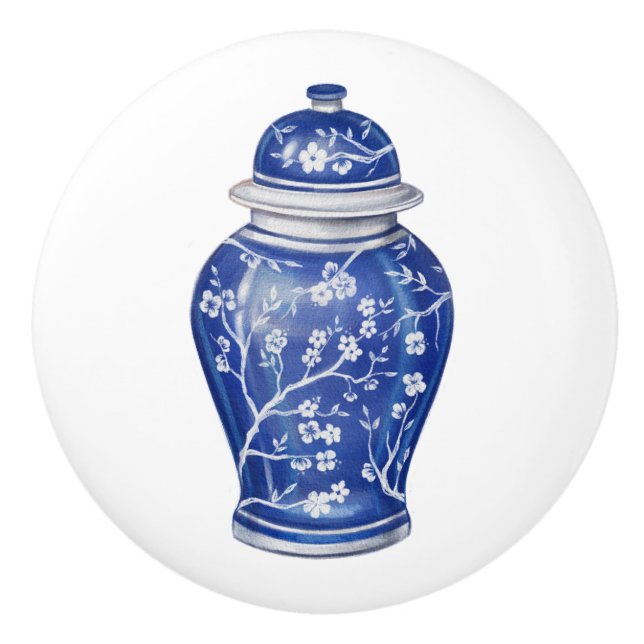 Chinoiserie Ginger Jar Blue Ceramic Knob (Front)