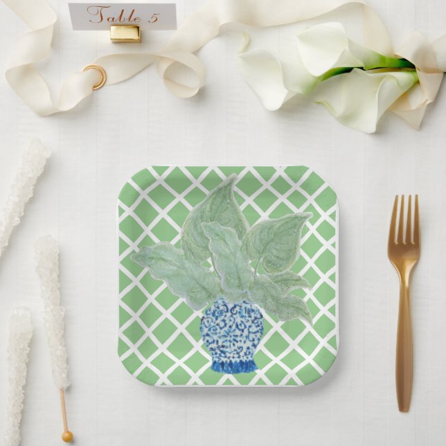 Chinoiserie Ginger Jar Jars Tropical Leaves Paper Plate (Wedding)