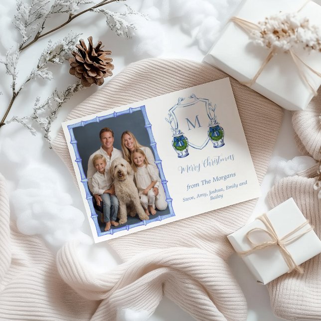 Chinoiserie Ginger Jar Monogram Photo  Holiday Card (Chinoiserie Ginger Jar Christmas Photo Card)