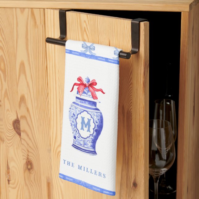 Chinoiserie Ginger Jar Monogram | Red Bow Tea Towel (Thirds Fold)