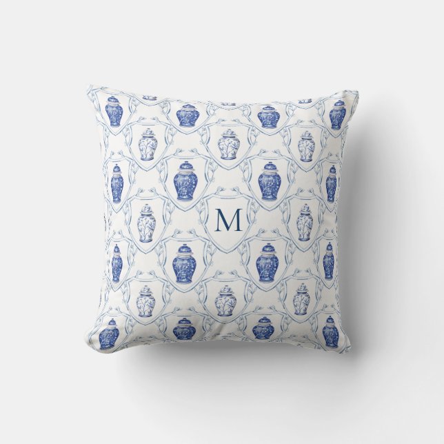Chinoiserie Ginger Jar Monogrammed Crest Cushion (Front)