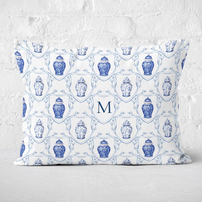 Chinoiserie Ginger Jar Monogrammed Crest Decorative Cushion (Ginger Jar Crest Monogram Lumbar Pillow)