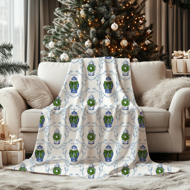 Chinoiserie Ginger Jar Monogrammed  Fleece Blanket (Chinoiserie Ginger Jar Christmas Blanket)