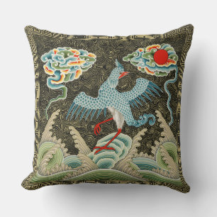 Chinoiserie Golden Crane Bird & Sea Wave Pattern Cushion