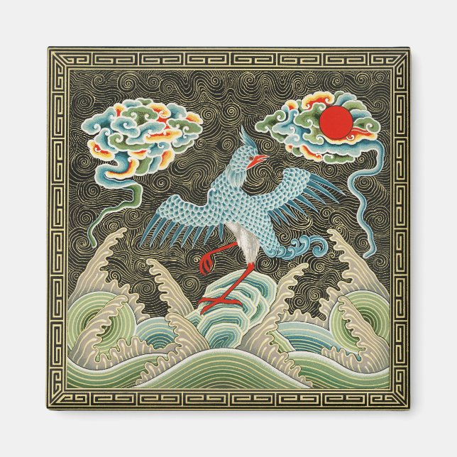 Chinoiserie Golden Crane Bird & Sea Wave Pattern Magnet (Front)