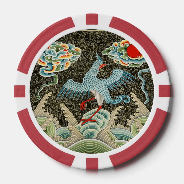 Chinoiserie Golden Crane Bird & Sea Wave Pattern Poker Chips (Front)