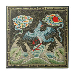 Chinoiserie Golden Crane Bird & Sea Wave Pattern Tile