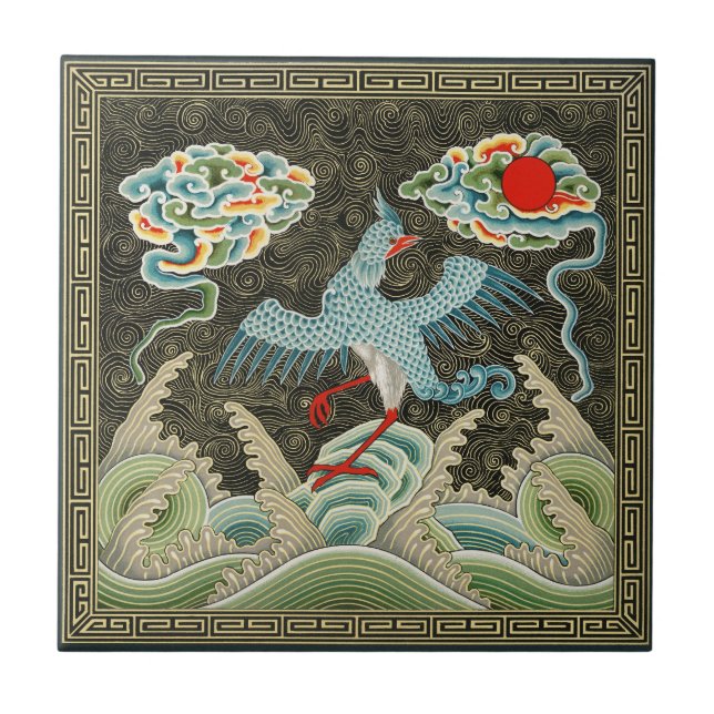 Chinoiserie Golden Crane Bird & Sea Wave Pattern Tile (Front)