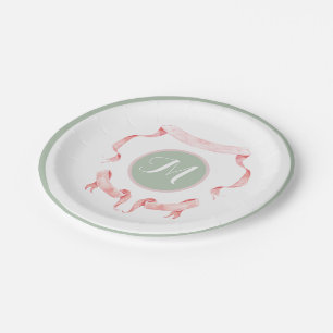 Chinoiserie Green Ribbons Logo Crest   Paper Plate