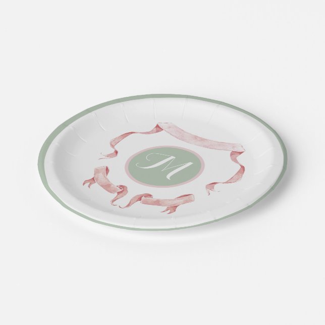 Chinoiserie Green Ribbons Logo Crest   Paper Plate (Angled)