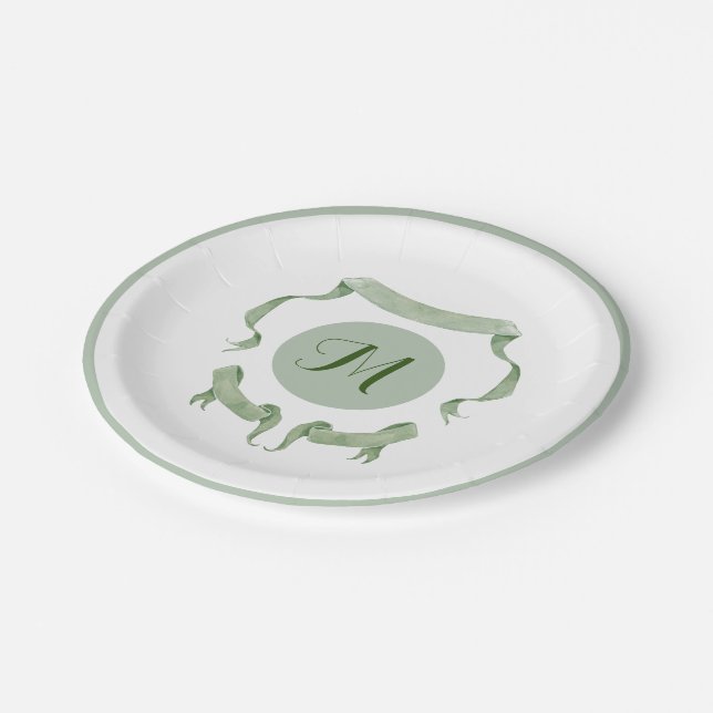 Chinoiserie Green Ribbons Logo Crest  Paper Plate (Angled)