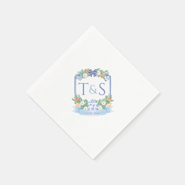 Chinoiserie Holidays Couples Crest Wedding Party Napkin (Corner)