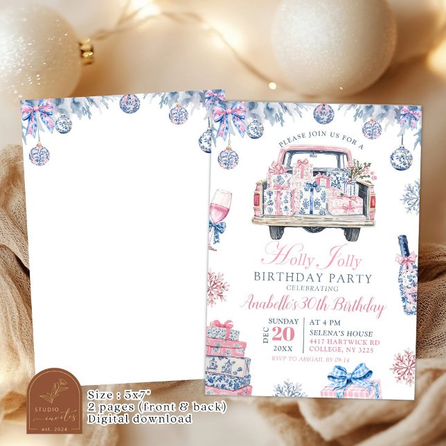 Chinoiserie Holly Jolly Adult Birthday Party Invitation (Creator Uploaded)