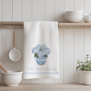 Chinoiserie Hydrangea Flowers Blue Tea Towel
