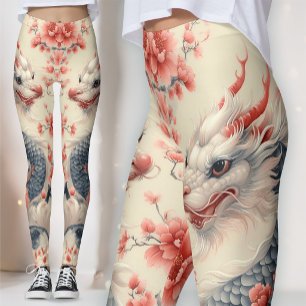 Chinoiserie Imperial Dragon Coral Sakura Art Leggings