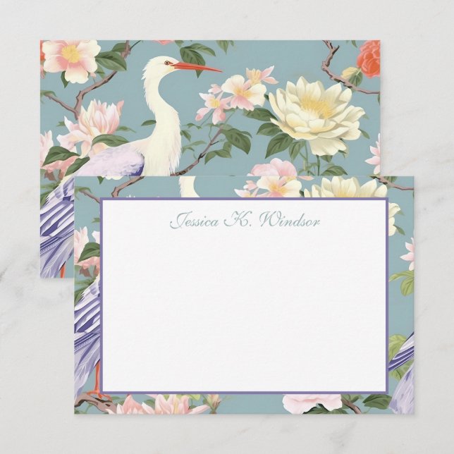 Chinoiserie Jade Floral Egret Personalised Thank You Card (Front/Back)