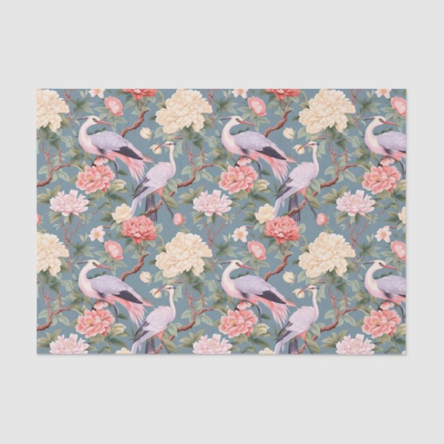 Chinoiserie Jade Floral Egret Tissue Paper (Front)