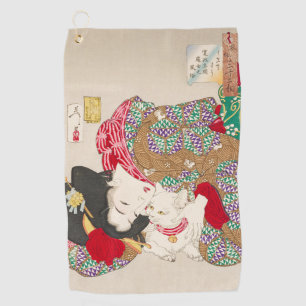 Chinoiserie Japanese Lady & Cat Kimono Art Golf Towel