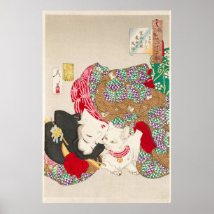 Chinoiserie Japanese Lady & Cat Kimono Art Poster