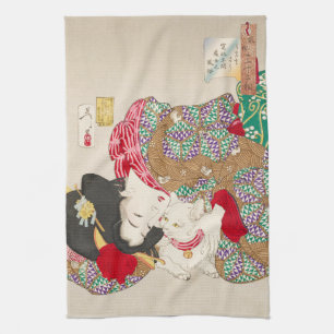 Chinoiserie Japanese Lady & Cat Kimono Art Tea Towel